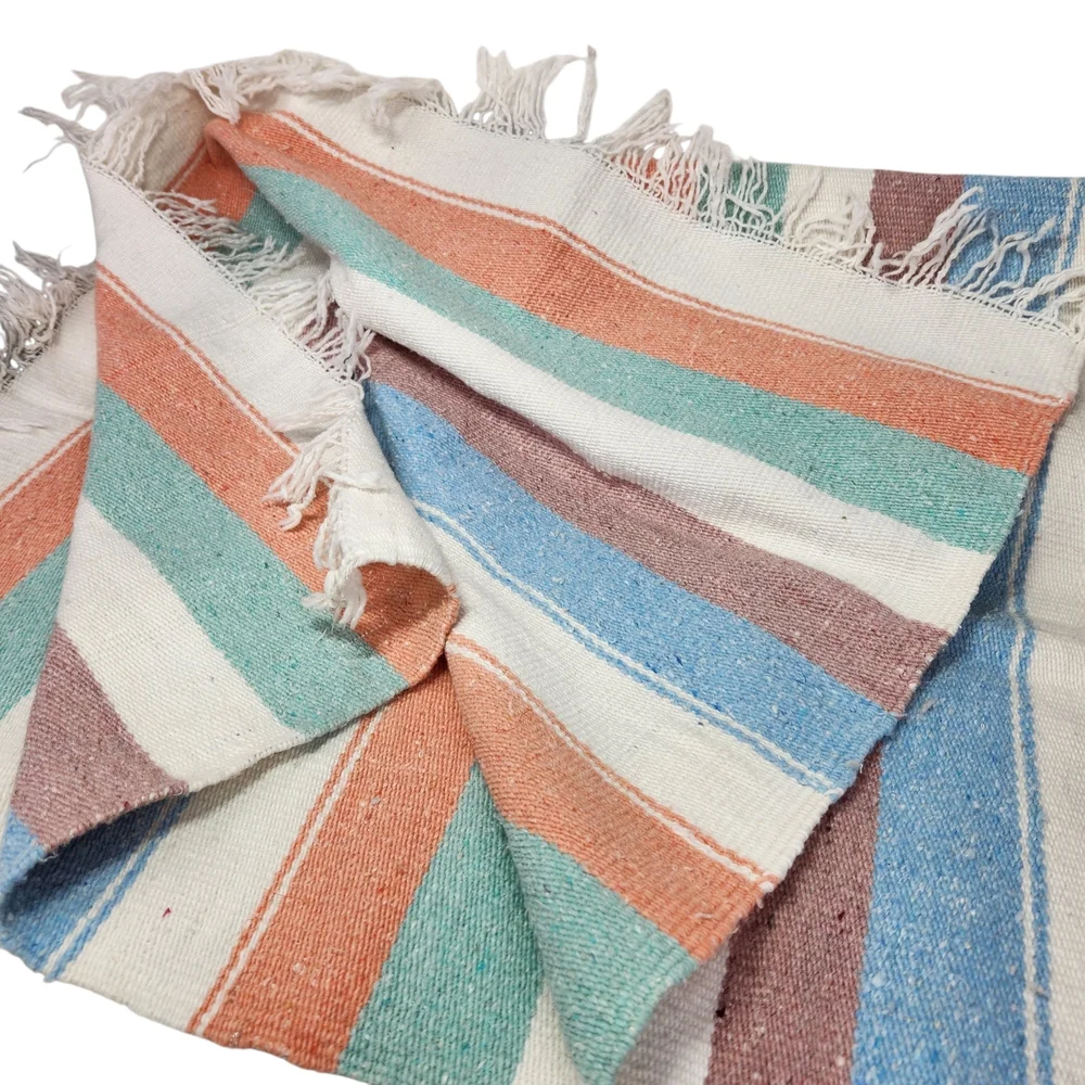 Vintage Pastel Striped Aztec Warrior Blanket Rug Wool Mexican Throw Saddle Boho